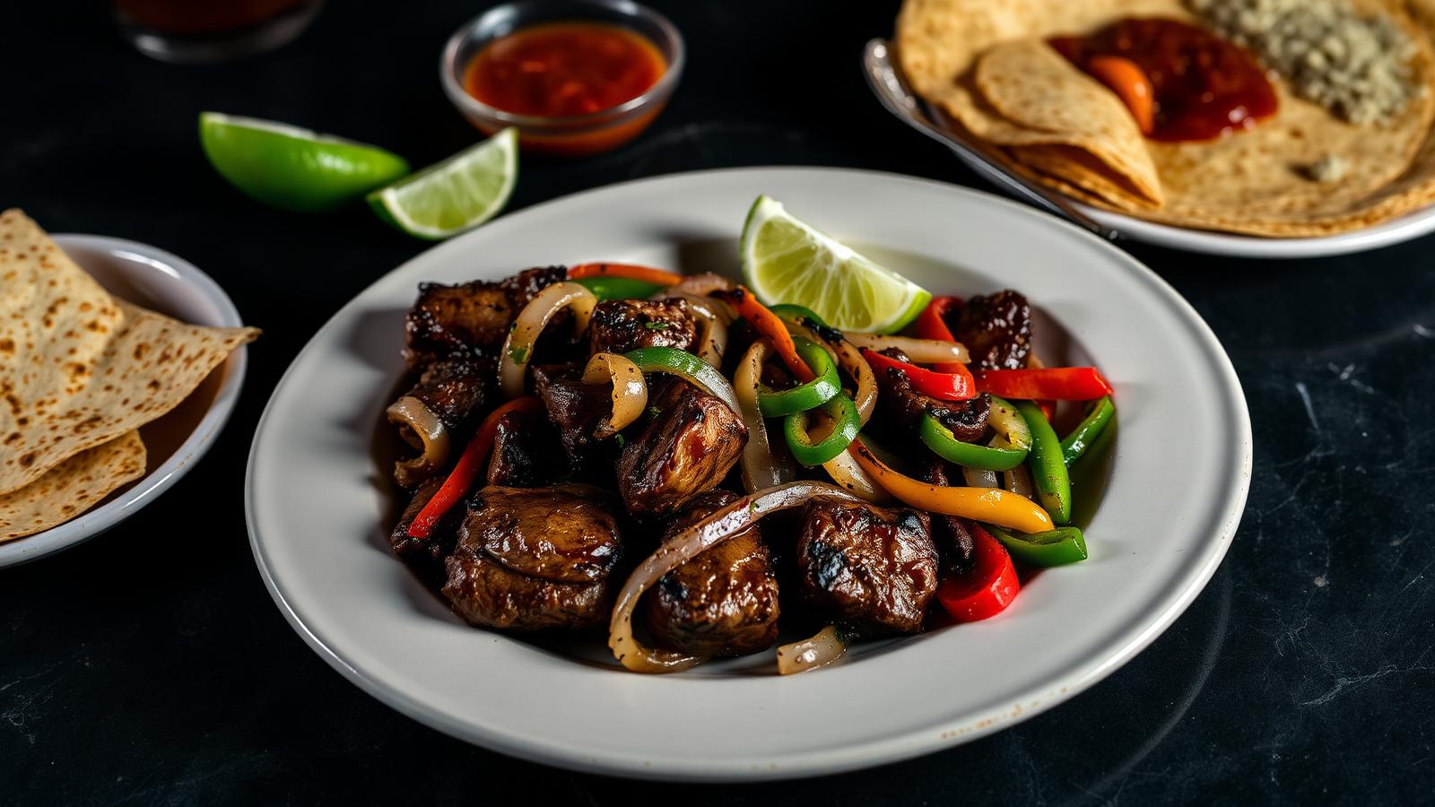 Carne asada fajitas with peppers and onions