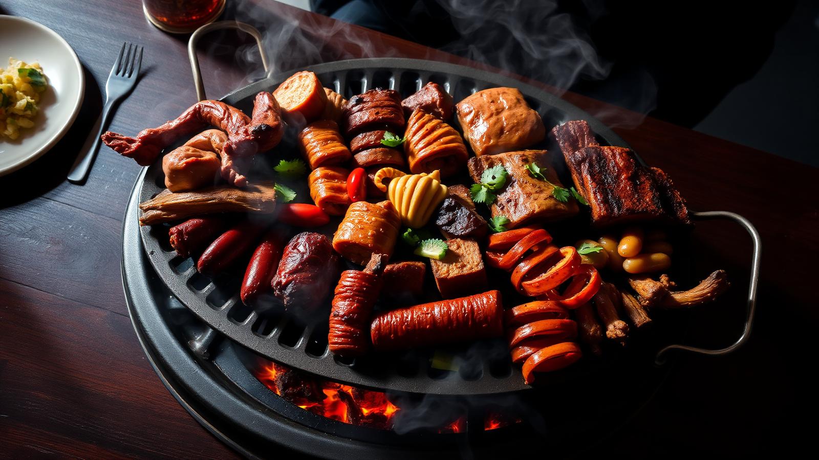 Sizzling parrillada platter with grilled meats